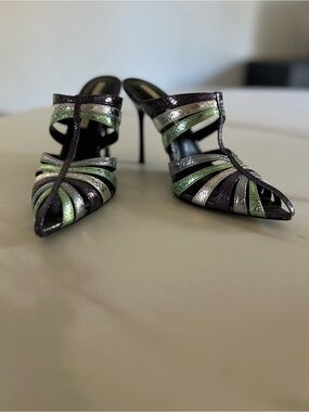 Zara Metallic Green and Silver Strappy Pointed Stiletto Mules